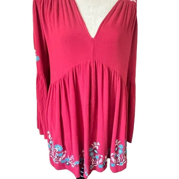 Free People Cherry Red Bell Long Sleeve Boho Embroidered Te Amo Mini Dress Sz S - Picture 11 of 13